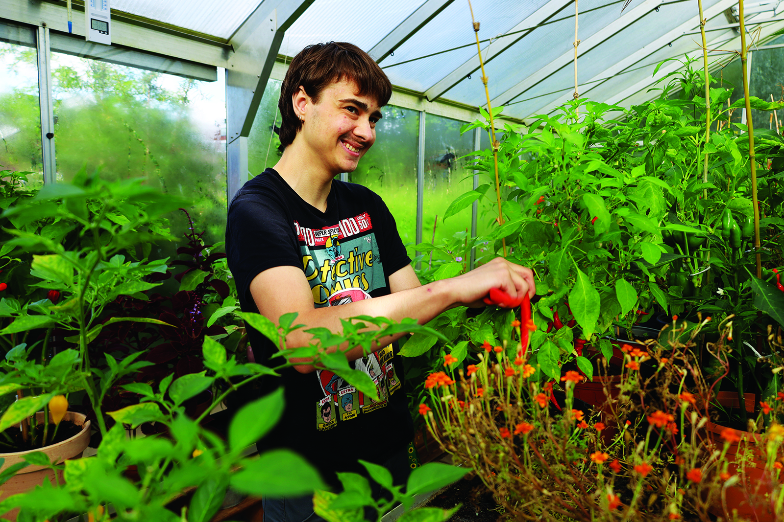 Ung mand i drivhus i det sociale værksted Køkkenhaven på kofoeds skole